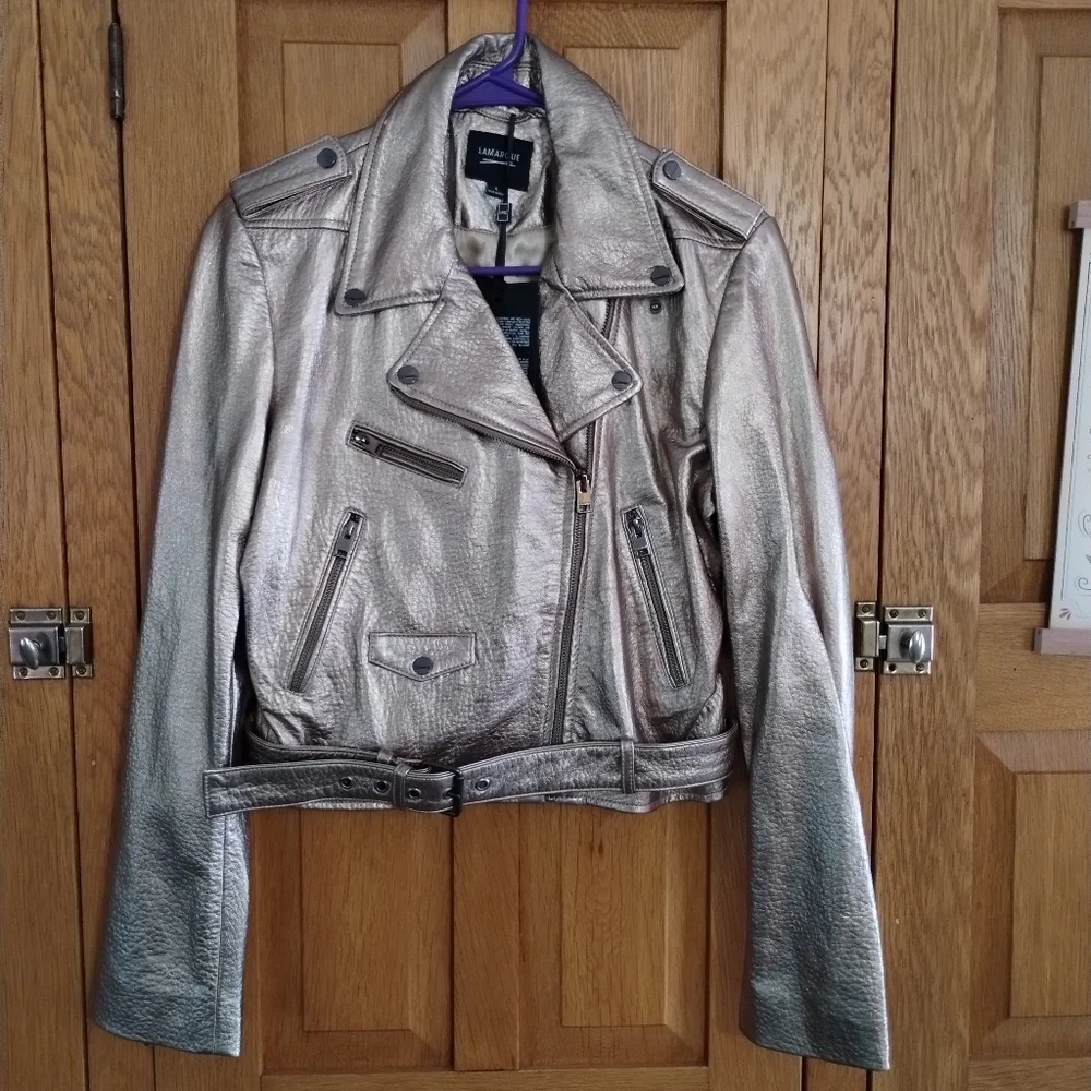NWT Lamarque Roberto metallic gold leather belted moto jacket - Picture 3 of 15